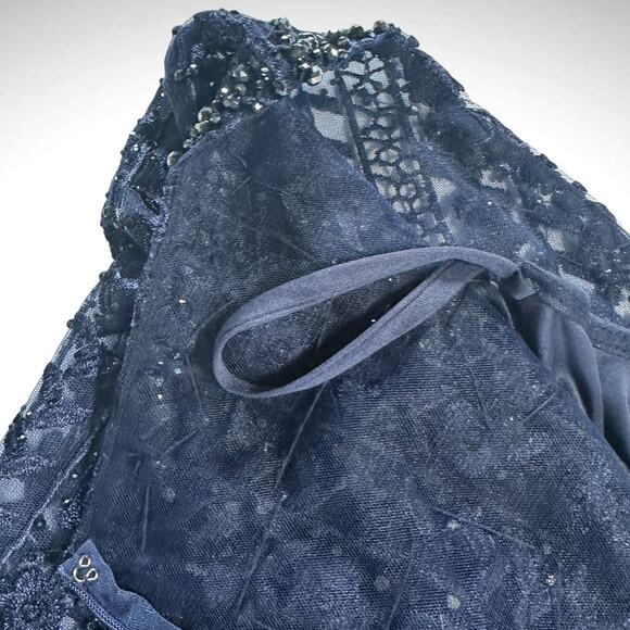 Mac Duggal Embroidered Long Sleeve V Neck Trumpet Gown Dress Sz 10 Midnight Blue - Picture 11 of 14